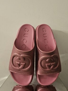 100% Authentic Gucci Pink Glitter Logo Slide Sandals